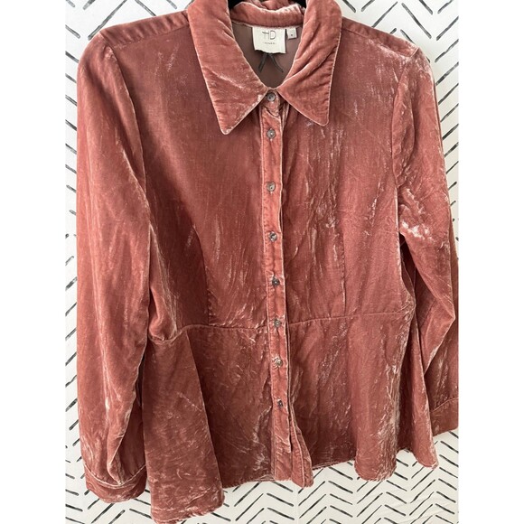 Anthropologie HD in Paris Pink Velvet Peplum Long Sleeve Button Shirt Sz M - Picture 2 of 7